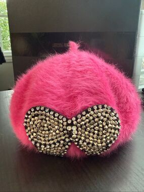 Betsey Johnson Hot Pink Rabbit Hair Jeweled Bow Beret